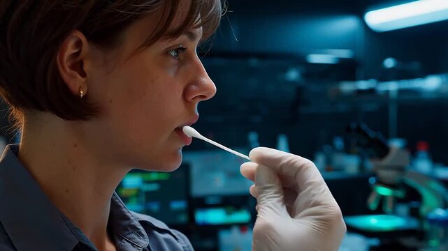Woman in lab with cotton swab