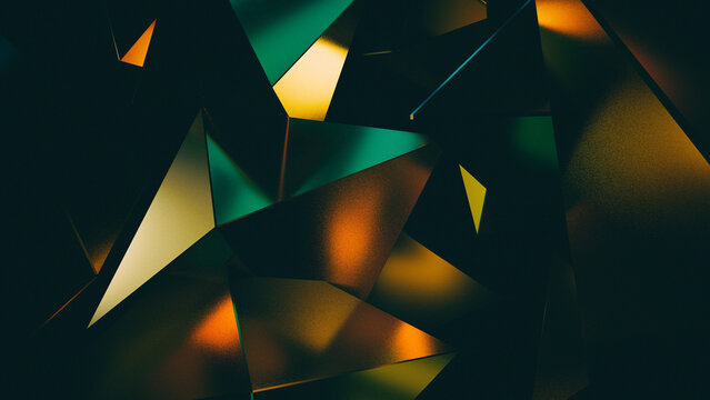 Futuristic low-key composition with sharp polygonal structures, subtle neon glow, and light leaks in green, pink, and orange tones. Grainy texture adds a cinematic, retro-futuristic feel.