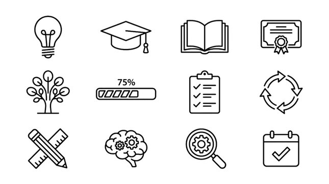 Simple outline stroke educational design icon set featuring lightbulb graduation cap knowledge tree and progress symbols