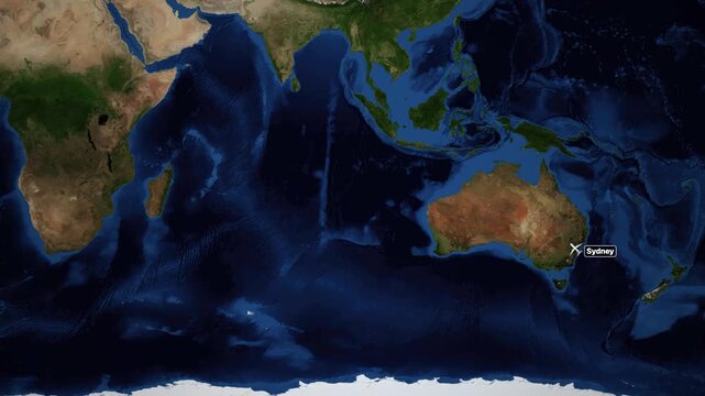 Animated Flight Route Map from Sydney Australia to Addis Ababa Ethiopia