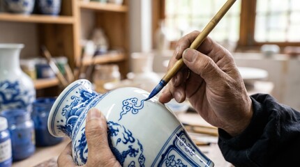 Fototapeta premium Close-up of Hand Painting Floral Design on Ceramic Vase.