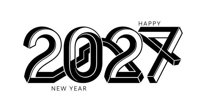 Creative 2027 Happy New Year typography design using optical illusion effects, perspective depth and impossible shape concepts. Modern readable number lettering with minimal vector branding 