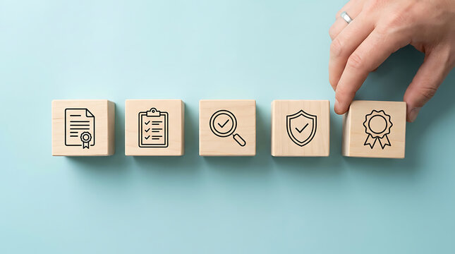 Hand placing a wooden block with a quality assurance icon in a row of professional business compliance symbols