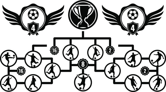 Black and white of a soccer tournament bracket with player silhouettes and trophies football competition