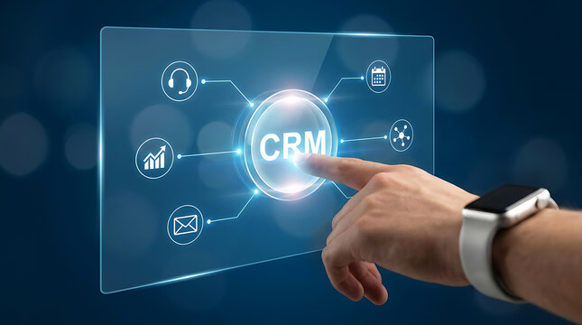 Businessman interacting with a digital interface showing customer relationship management software and marketing icons