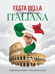 Italian republic day celebration with fist holding flag and colosseum
