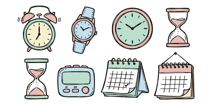 A collection of various timekeeping devices on a white background including clocks and calendars