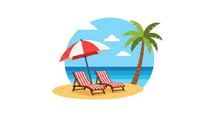 Obraz premium Tropical beach icon with palm tree and lounge chairs