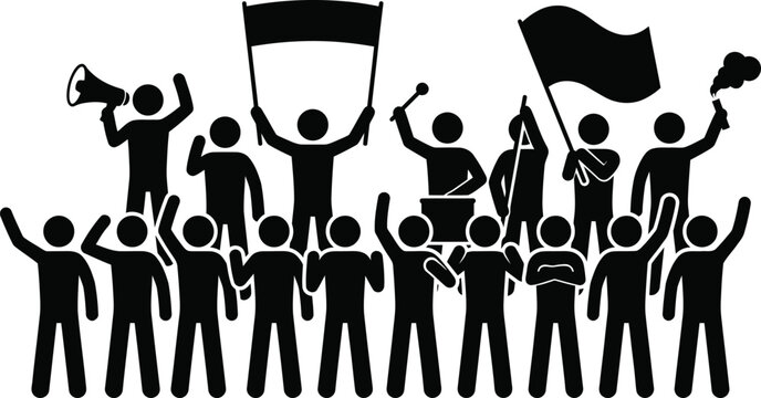 Black silhouette figures protesting with flags, megaphone, and smoke bomb demonstration crowd people