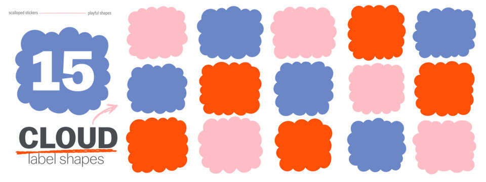 Set of irregular fluffy cloud labels. Colorful wavy frames for text. Cute cartoon sticker collection.