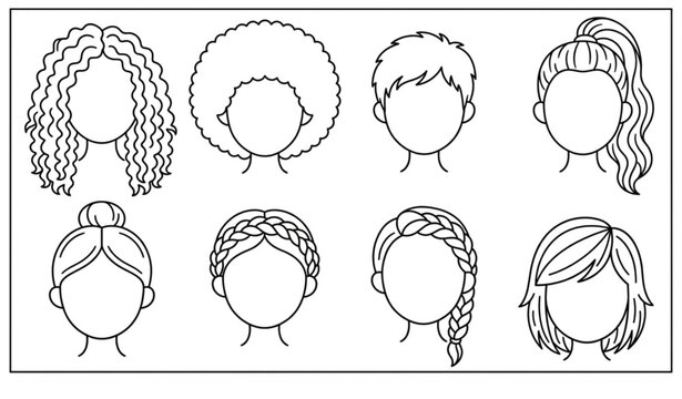Girls hair styles coloring page vector icons set with outline female hair designs