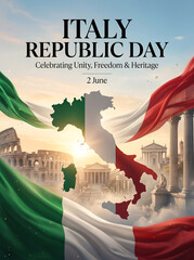 Italian republic day celebrations with italian flag and ancient rome landmarks in background at sunset