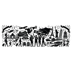 Obraz premium World travel silhouette with famous landmarks and people silhouettes.