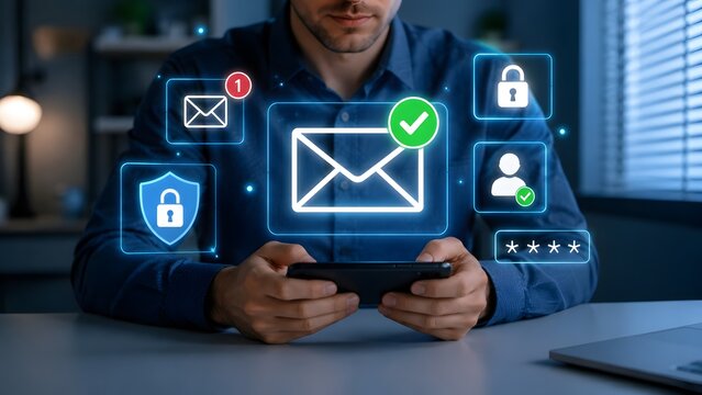 User holding mobile phone with holographic email interface showing encrypted message secure padlock and confidential digital communication concept