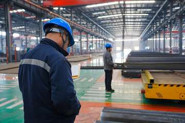 Obraz premium Steel mill workers are directing operations