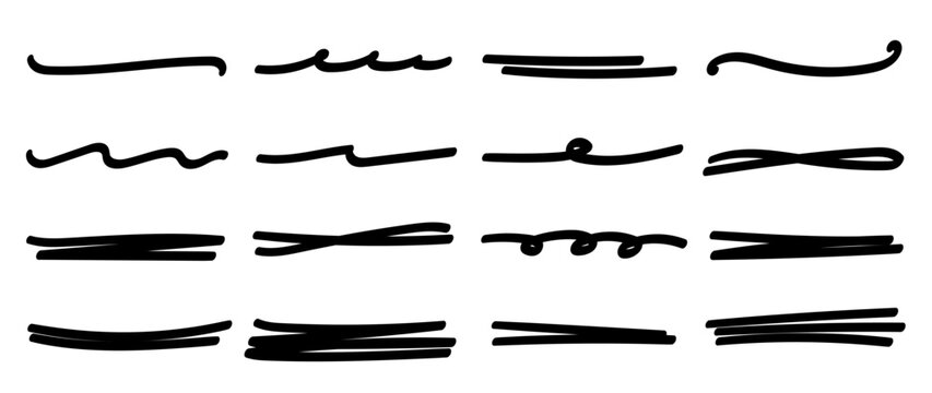Hand drawn marker underline vector set. Black doodle strokes, scribble dividers and wavy highlight lines on white background for study notes, journal pages, classroom handouts and creative stationery.