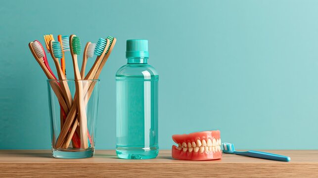 Toothbrushes, mouthwash and dental model on wooden table, oral care tools and dental hygiene concept
