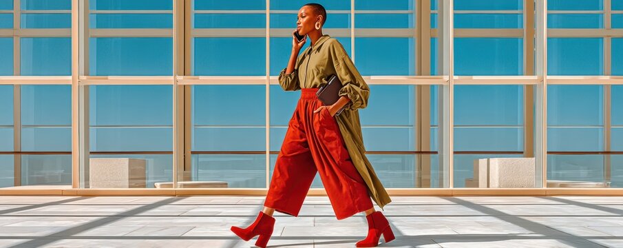 Stylish woman walking confidently through sunlit modern atrium while talking on phone and carrying laptop
