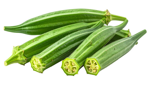 Freshly cut okra pods with longitudinal ridges and edible seeds visible