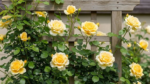 Yellow climbing roses blooming on a wooden trellis in summer