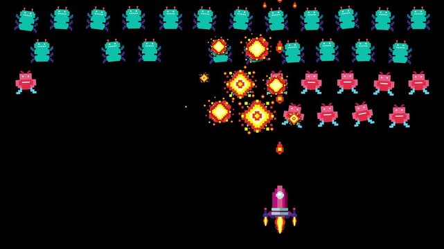 Retro Pixel Art Space Shooter Game with Spaceship and Alien Enemies