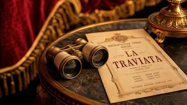  Vintage opera glasses and a playbill on a table with a red velvet background. 
