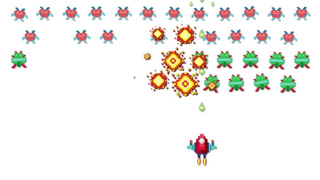 Retro Pixel Art Space Shooter Game Animation on White Background