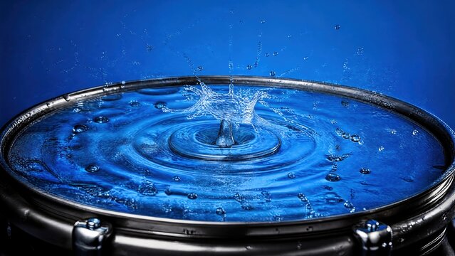 Water droplets creating concentric ripples on a drum surface, blue background. 