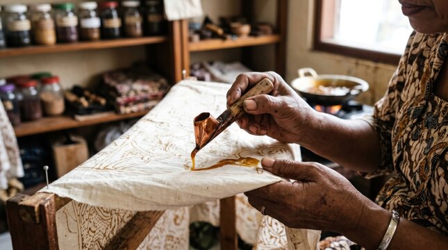 Crafting Batik - Artisan Applying Wax to Fabric for Traditional Indonesian Textile Art.