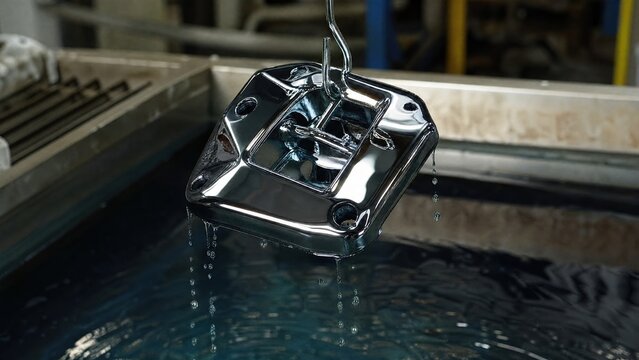  A metal component lifted from an electroplating bath, its surface gleaming with fresh chrome. 