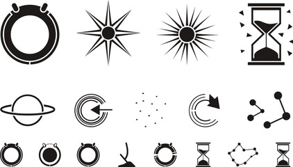 PrintAstronomy science and cosmic time icon set featuring hourglass stars sunburst saturn planet constellations molecules and abstract circular symbols for space design elements © RONI