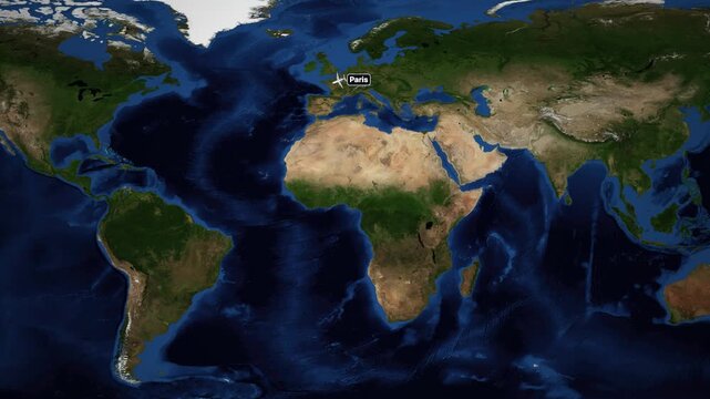 Animated Flight Route Map Showing Airplane Traveling from Paris to Santiago