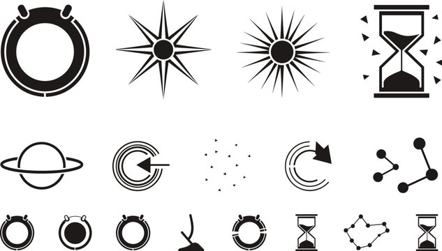 PrintAstronomy science and cosmic time icon set featuring hourglass stars sunburst saturn planet constellations molecules and abstract circular symbols for space design elements