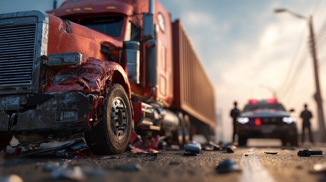 Damaged red semi truck at roadside with debris, emergency vehicle and responder in background, conveying truck accident legal claim and injury liability.