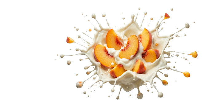 Dynamic thick cream splash colliding with fresh peach slices isolated on white
