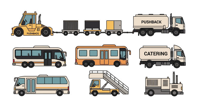 Airport Ground Support Vehicles and Transportation Collection - Vector Illustration