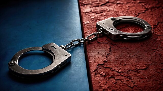  A pair of handcuffs on contrasting blue and red surfaces, symbolic separation. 