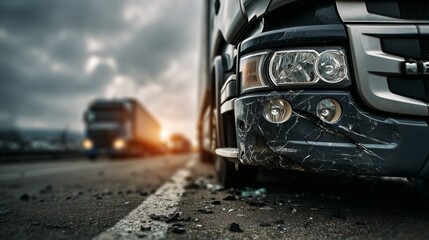 Fototapeta premium Close view of damaged truck on highway with stopped tractor trailer and cloudy sky conveying crash scene and legal claim urgency.