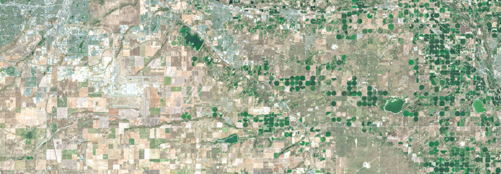 Denver Colorado agricultural fields and center pivot irrigation satellite view