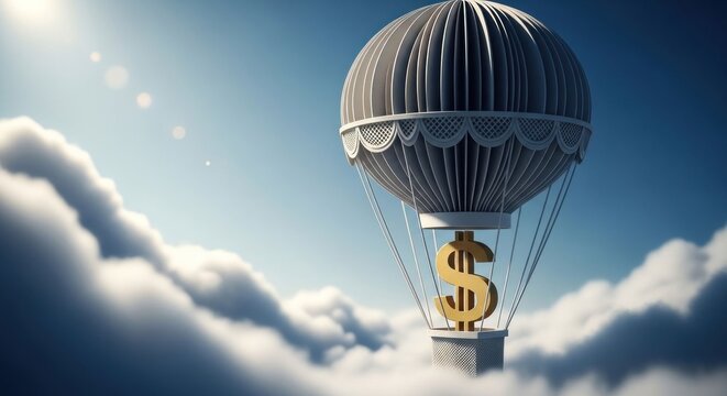 Golden Dollar Sign Hot Air Balloon Ascending Through Clouds.