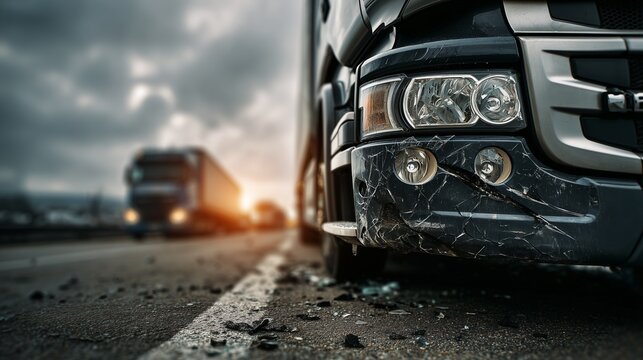 Close view of damaged truck on highway with stopped tractor trailer and cloudy sky conveying crash scene and legal claim urgency.
