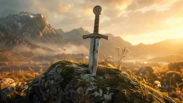 An ancient sword embedded in a moss and wildflower-covered stone in golden hour light. 