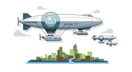 Steampunk Airships Flying Over Futuristic Cityscape Illustration © Azrha