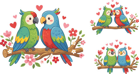 Obraz premium Cute Cartoon Parrot Couple Vector Set Sitting on Tree Branch with Hearts and Flowers for Valentine Day Greeting Cards and Romantic Designs