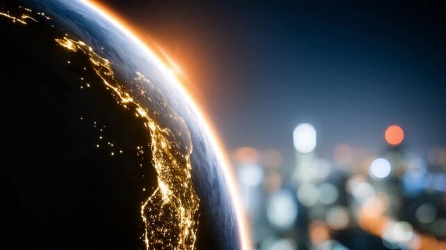 Planet Earth at Night: A breathtaking view of planet Earth from space at night, illuminated by city lights, with a glowing atmosphere at the terminator.