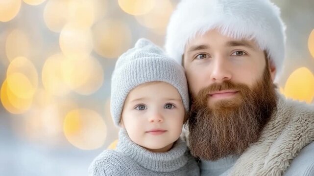 A Father and Child's Winter Embrace: A tender moment captured between a father with a flowing beard and a young child, both adorned in cozy winter hats and sweaters.
