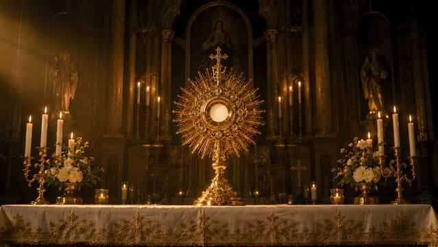 Golden religious monstrance with candles in dimly lit church interior