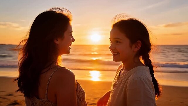 Woman and child standing on beach making heart shape gesture with hands framing the sunset