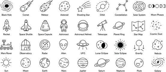 Cosmic and Astronomical Line Icons black hole comet © Sourav