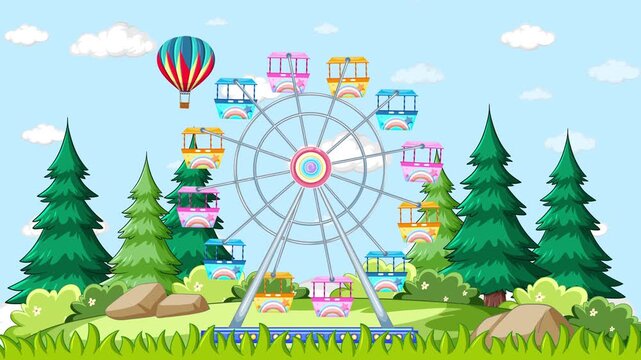 Cartoon Ferris Wheel and Hot Air Balloons in a Forest Park